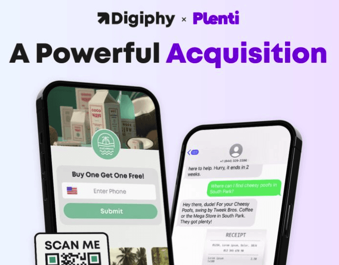 Digiphy and Plenti acquisition announcement with mobile rebate and SMS chat examples.